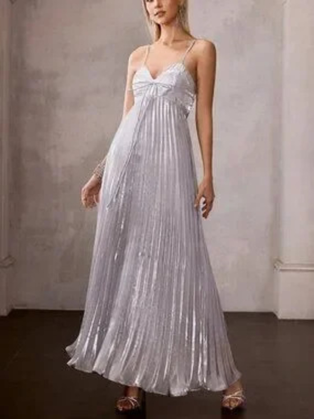 Silver Elegant Women's Premium Bow Bust Pleated Slip Maxi Dress
